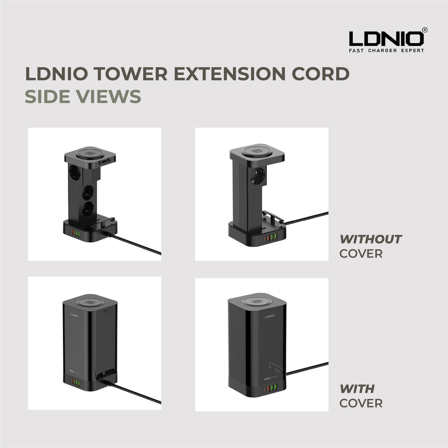 Tower Extension Cord (4 Outlets, 4 USB Ports, & Wireless Charger)