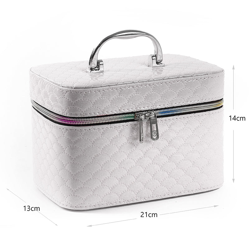 21 CM Waterproof Leather Makeup Storage Box with Double Zipper and Handle Portable Travel Case Organizer with Mirror for Makeup Cosmetics Vanity White - Medaid International