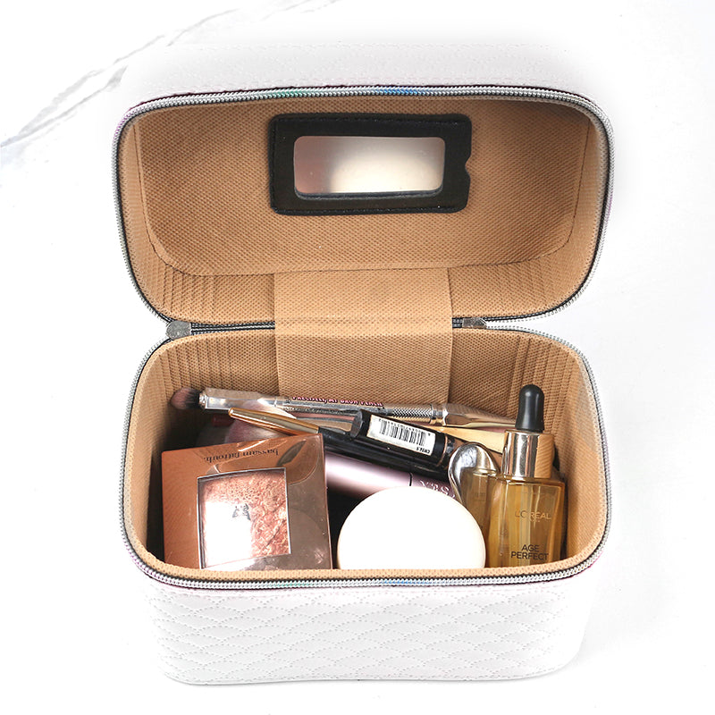 21 CM Waterproof Leather Makeup Storage Box with Double Zipper and Handle Portable Travel Case Organizer with Mirror for Makeup Cosmetics Vanity White - Medaid International
