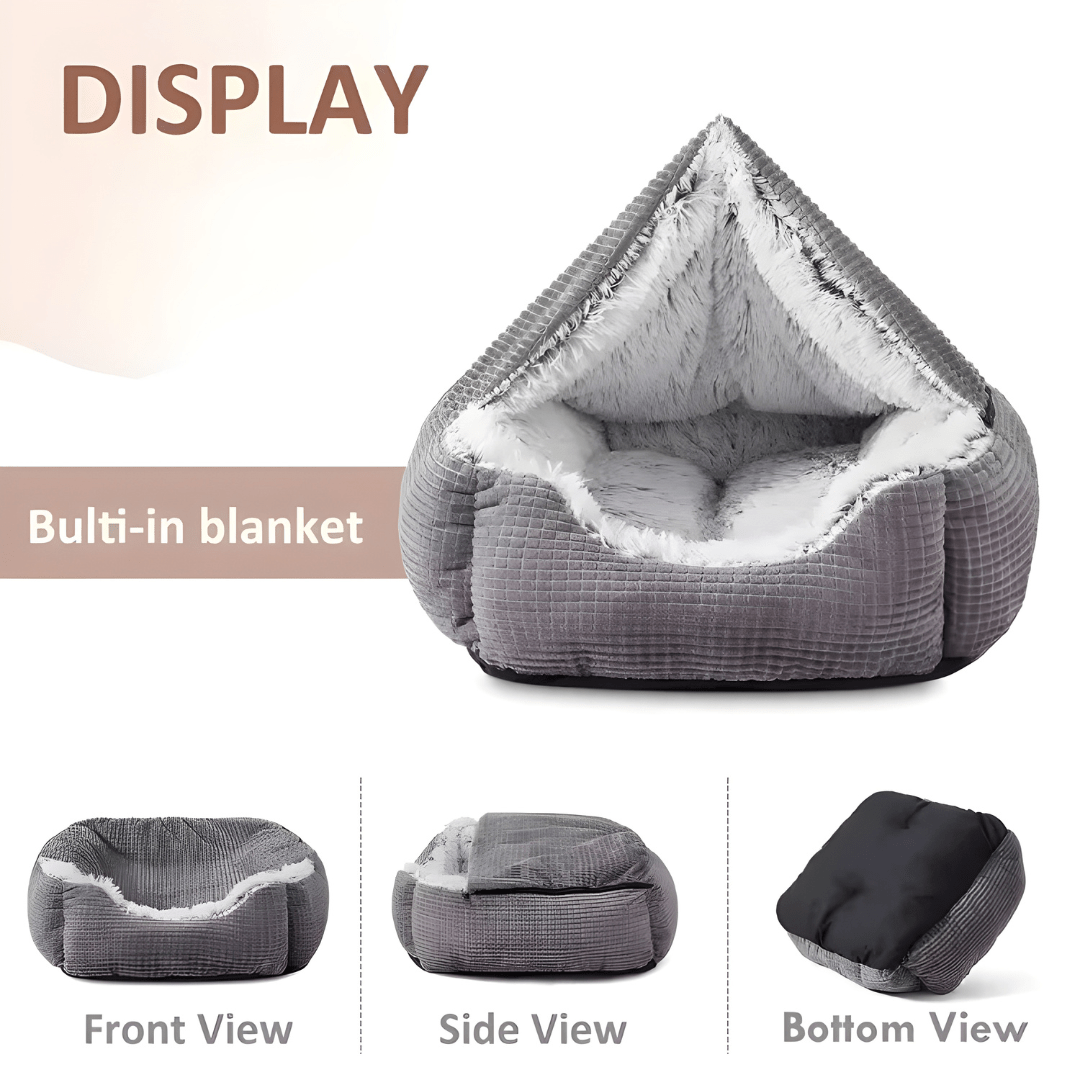 2-in-1 Cave Hooded Puppy Bed – For Small & Medium Dogs & All Cats