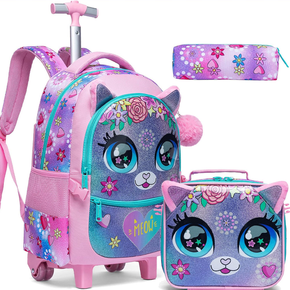 (NET) Meetbelify Flower Cat Kids Rolling Backpack 3 Pcs Lebanon