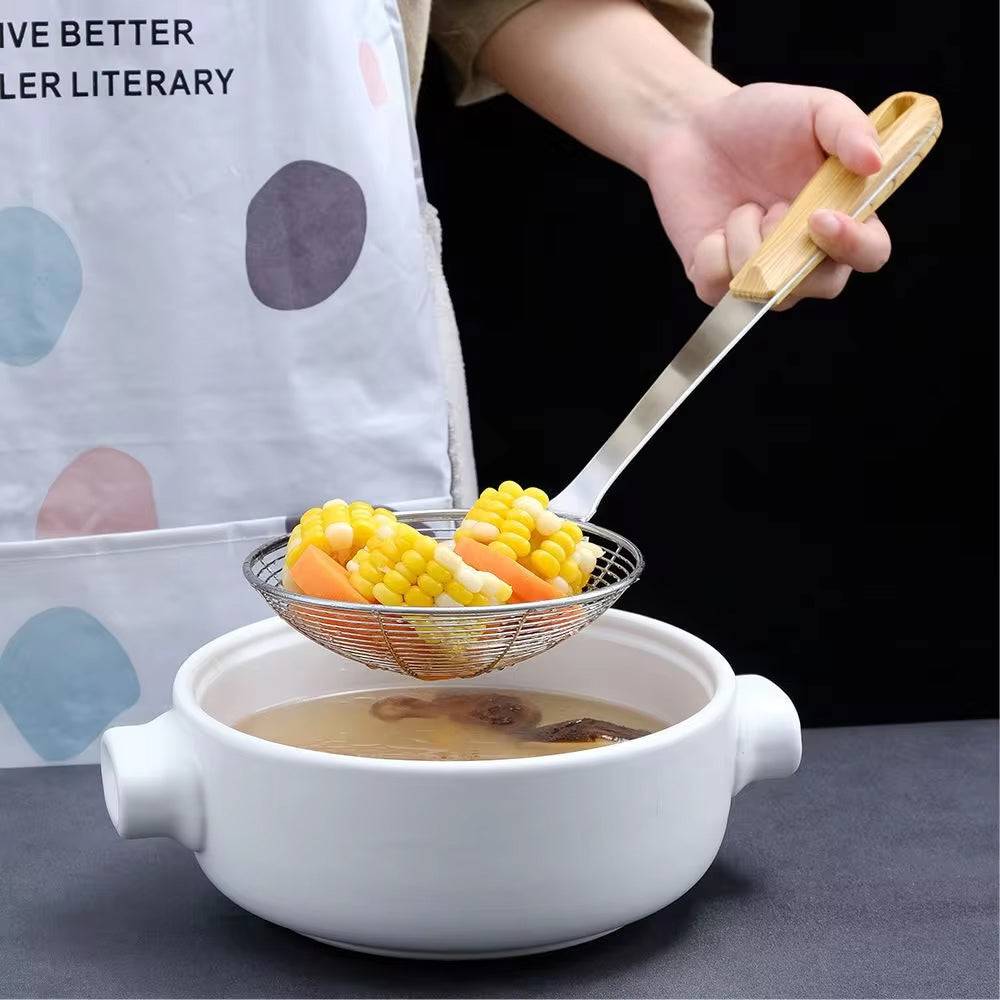 (net) Wooden and stainless steel skimmer strainer pot
