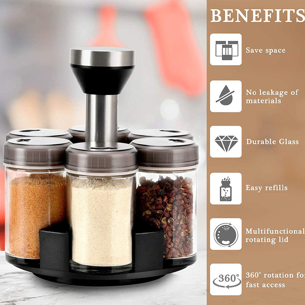6-Jar Revolving Spice Rack Organizer with Rotating Stand and Salt & Pepper Shakers - Medaid International