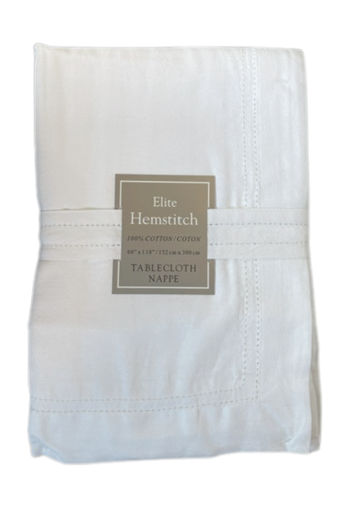 Elite Hemstitch White Tablecloth – 152x300 cm 100% Cotton Dining Table Linen