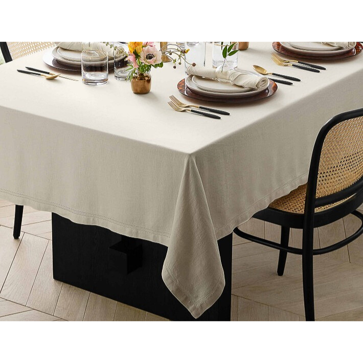 Elite Hemstitch White Tablecloth – 152x300 cm 100% Cotton Dining Table Linen