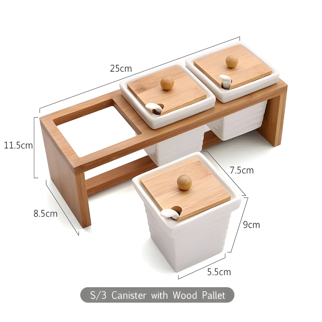Ceramic Spice Box Set with Bamboo Stand and 3 Spoons