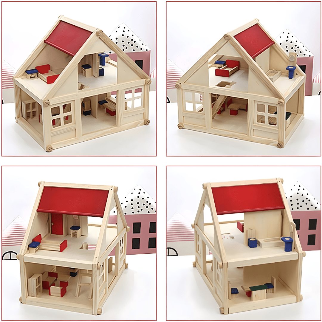 Portable Wooden Doll Mini House with Furniture – Educational Toy for Kids 3+