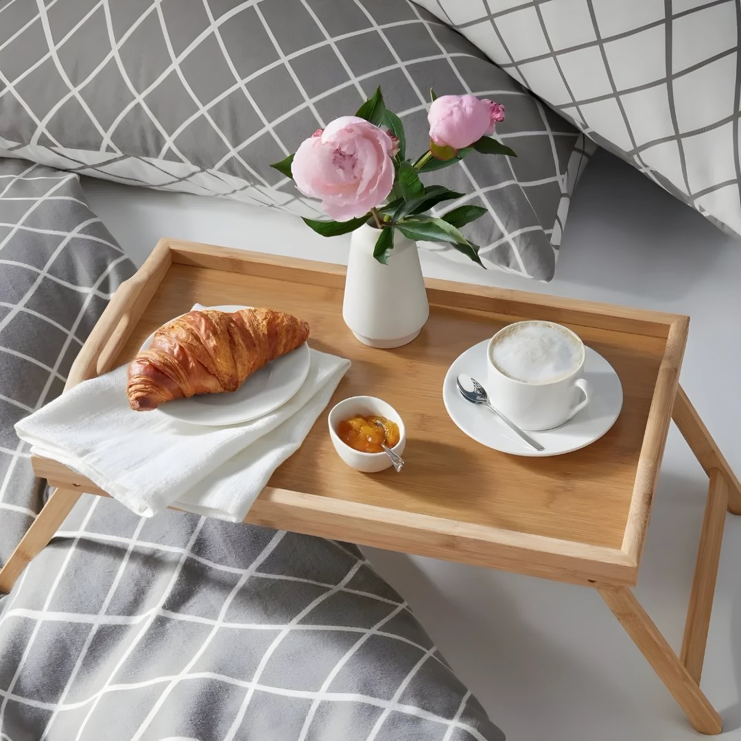 Premium Bamboo Bed & Serving Tray with Folding Legs & Handles