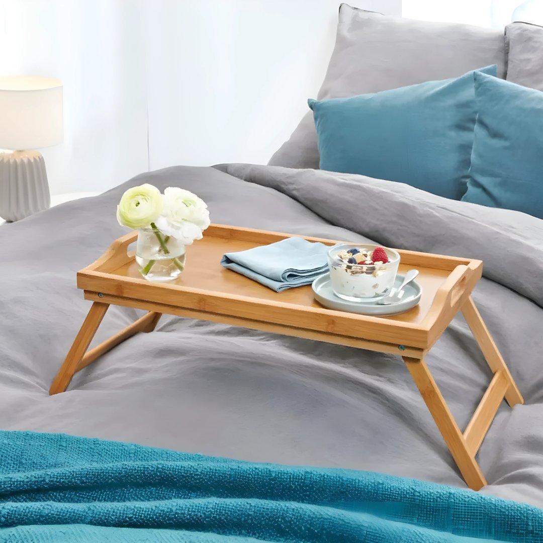 Premium Bamboo Bed & Serving Tray with Folding Legs & Handles