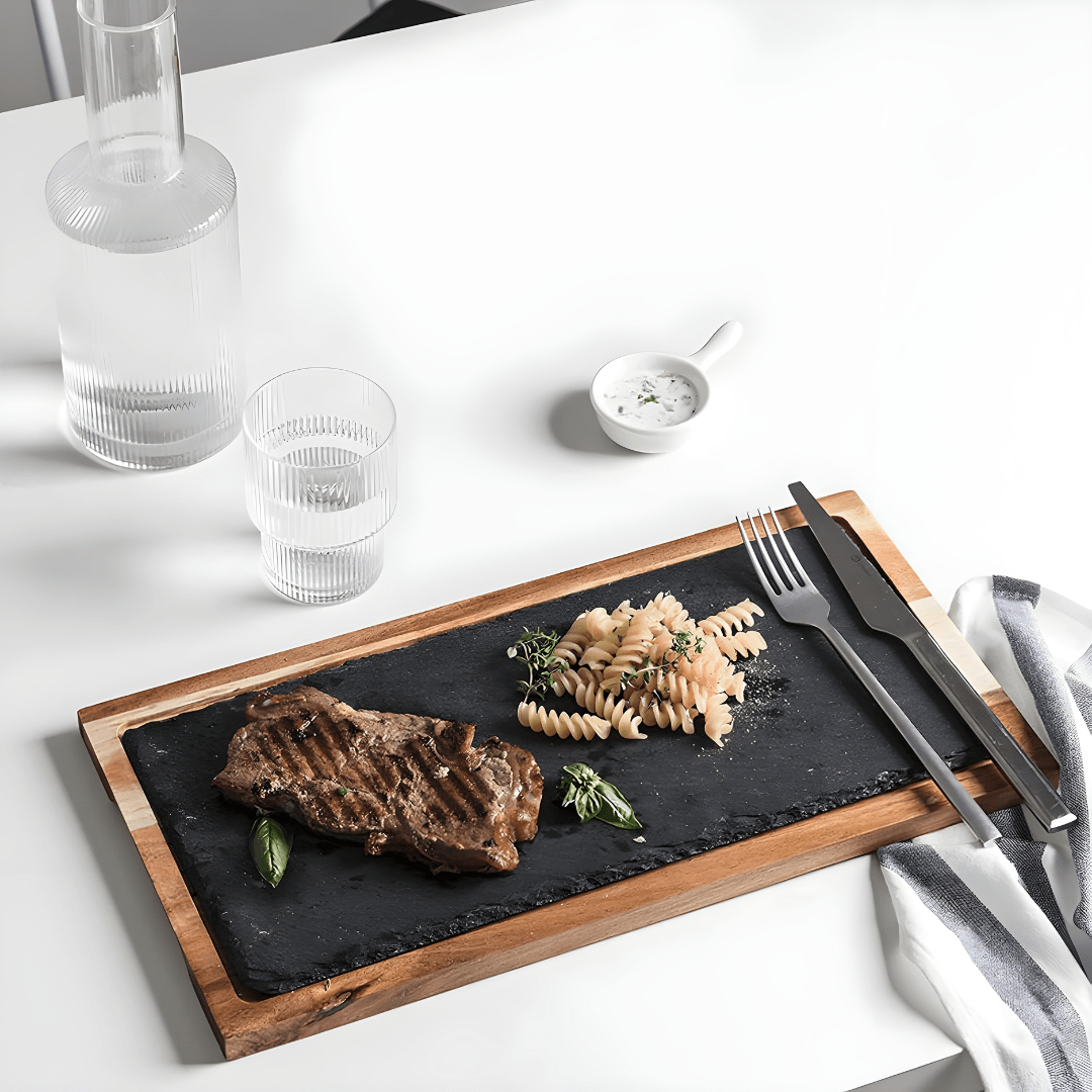 Acacia Wood Steak Serving Board with Slate Stone – Multipurpose Tray