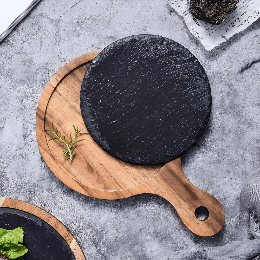 Wooden Steak & Pizza Serving Tray with Handle – Acacia Wood & Slate