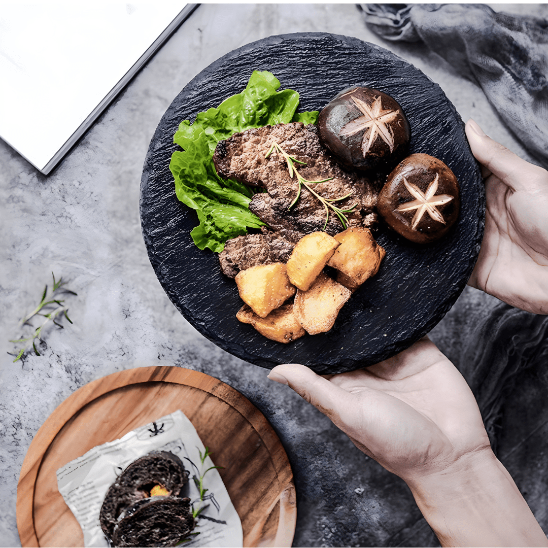 Wooden Steak & Pizza Serving Tray with Handle – Acacia Wood & Slate