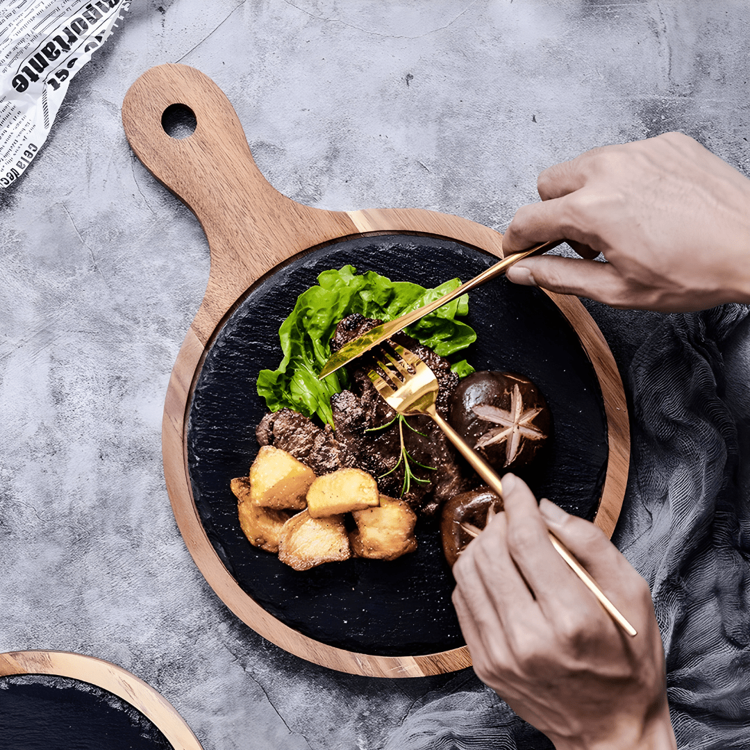 Wooden Steak & Pizza Serving Tray with Handle – Acacia Wood & Slate