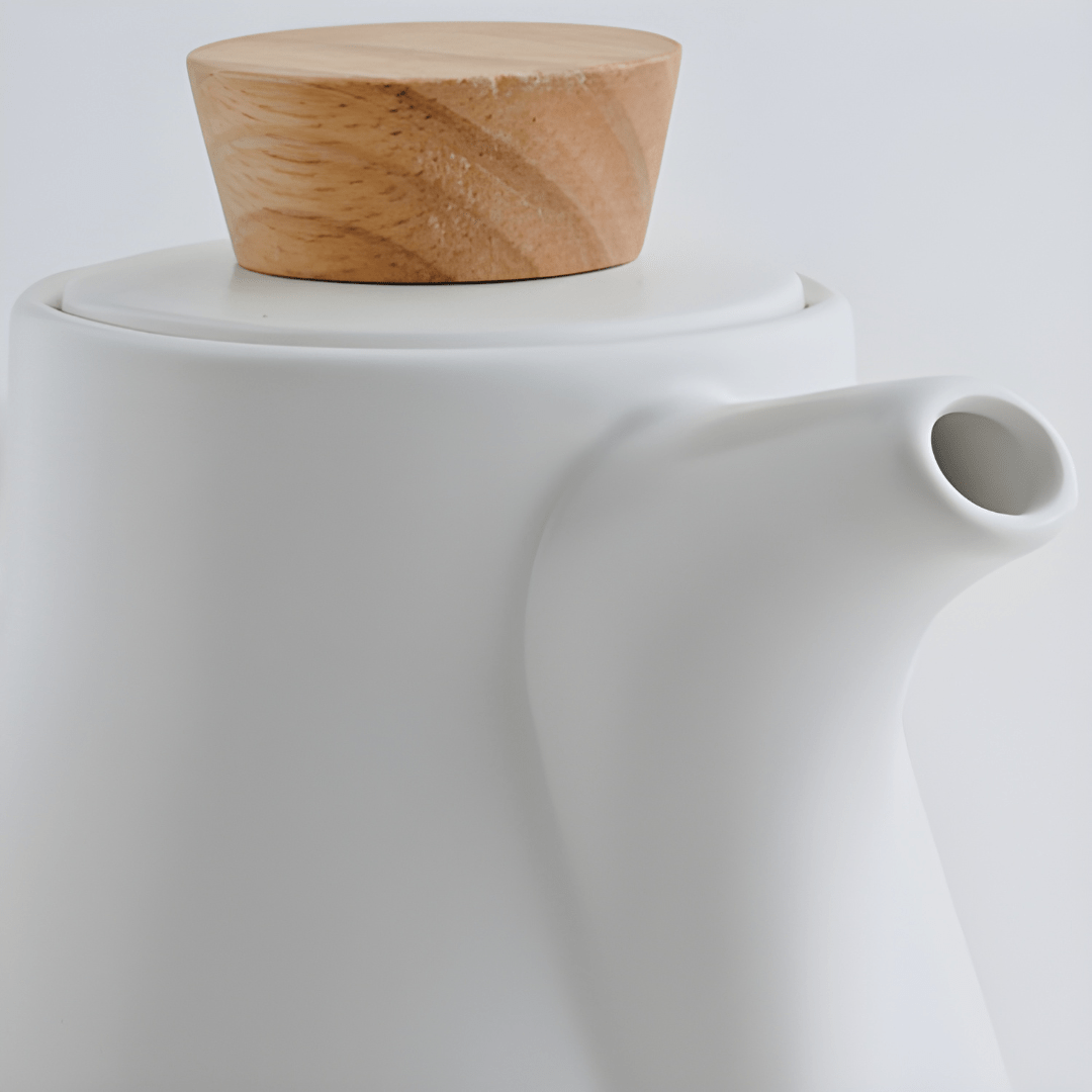 Nordic Matte Porcelain Tea Set – 750ml Teapot with 4 Cups, Infuser & Wooden Coasters