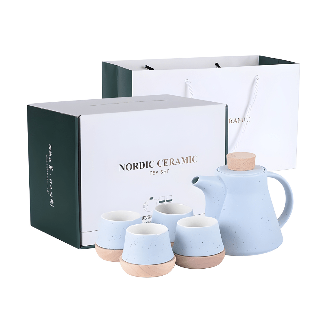 Nordic Matte Porcelain Tea Set – 750ml Teapot with 4 Cups, Infuser & Wooden Coasters