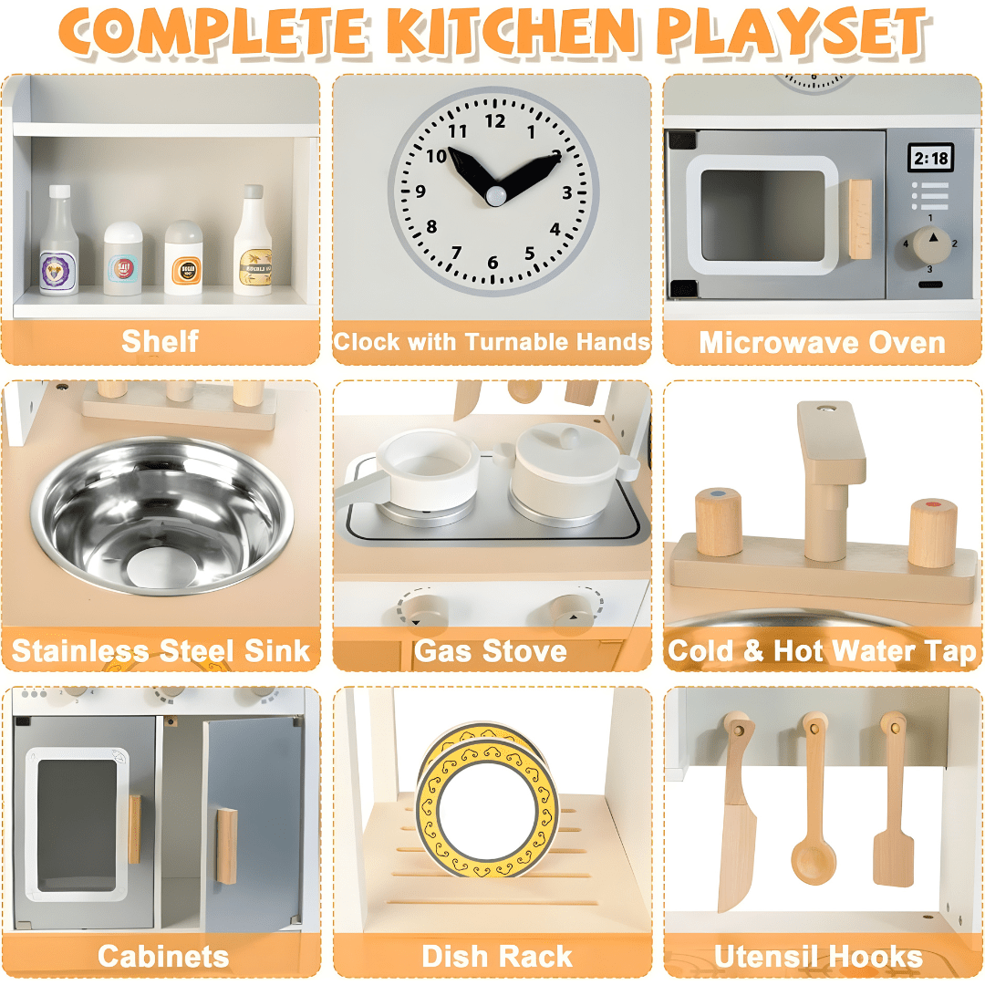 Premium Wooden Kids Kitchen Set – Pretend Play with Realistic Accessories