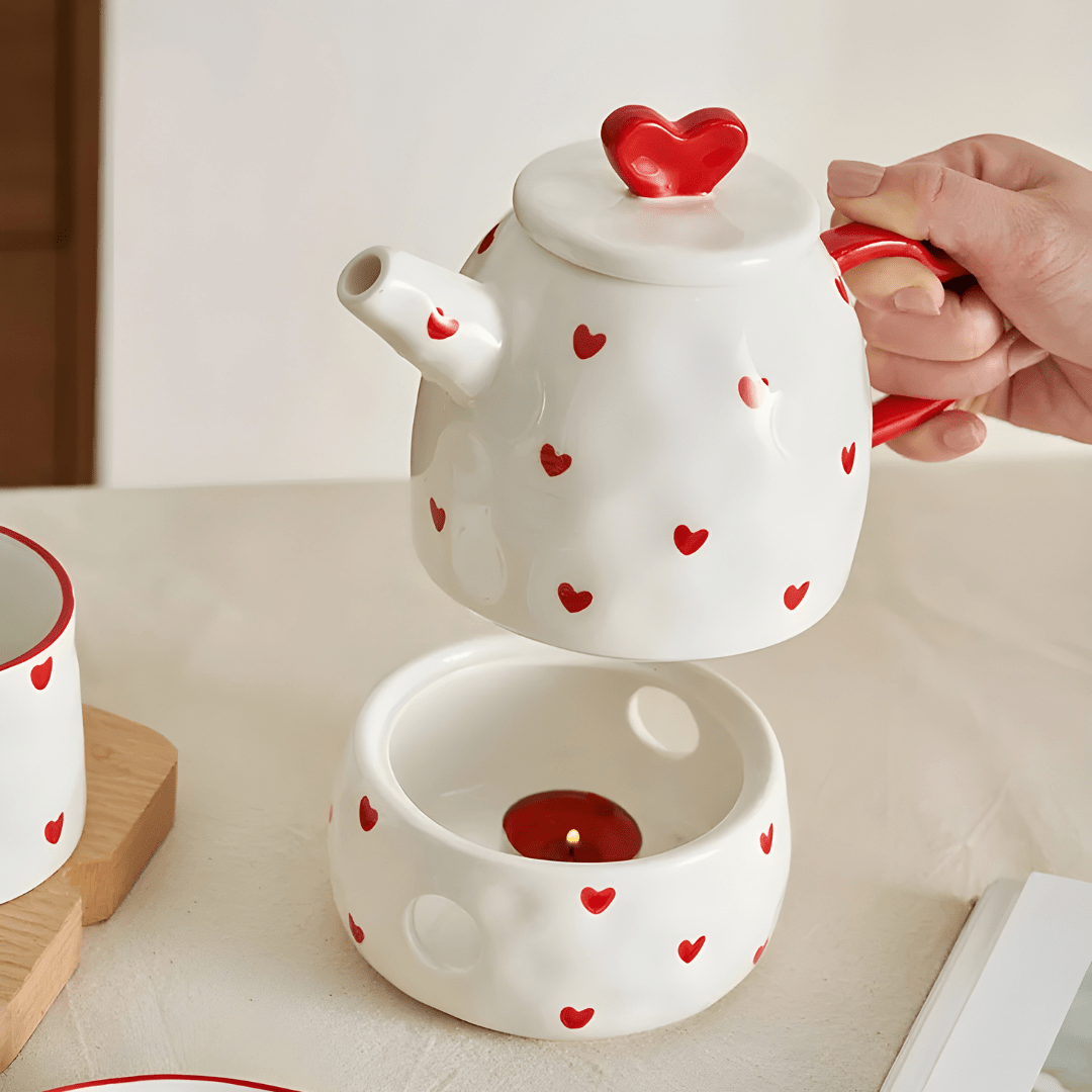 Heart Ceramic Teapot Set with Mug, Dessert Plate & Candle Warmer – 650ml Teapot