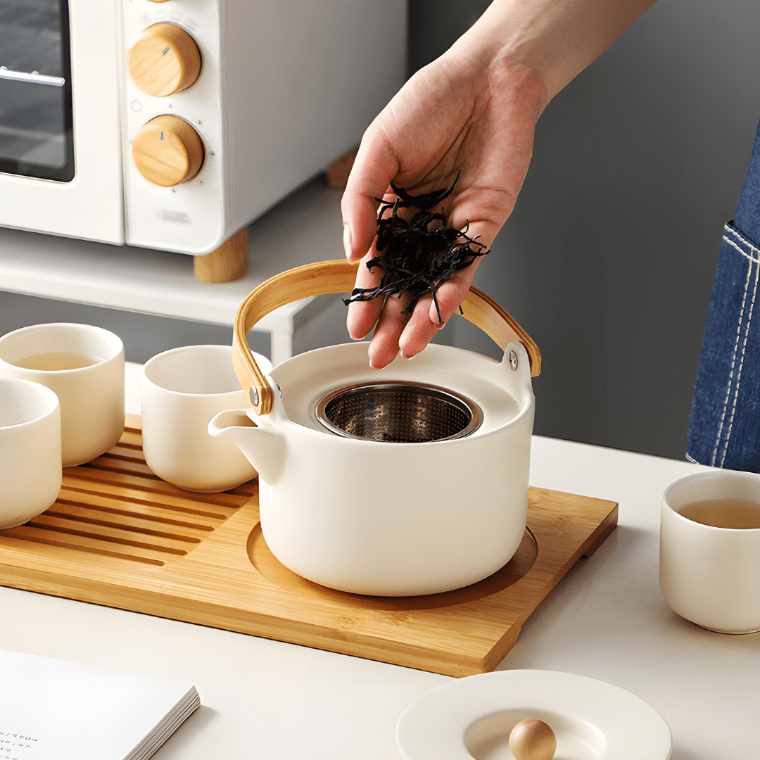 Handmade Ceramic Tea Set with Bamboo Tray – 5-Piece