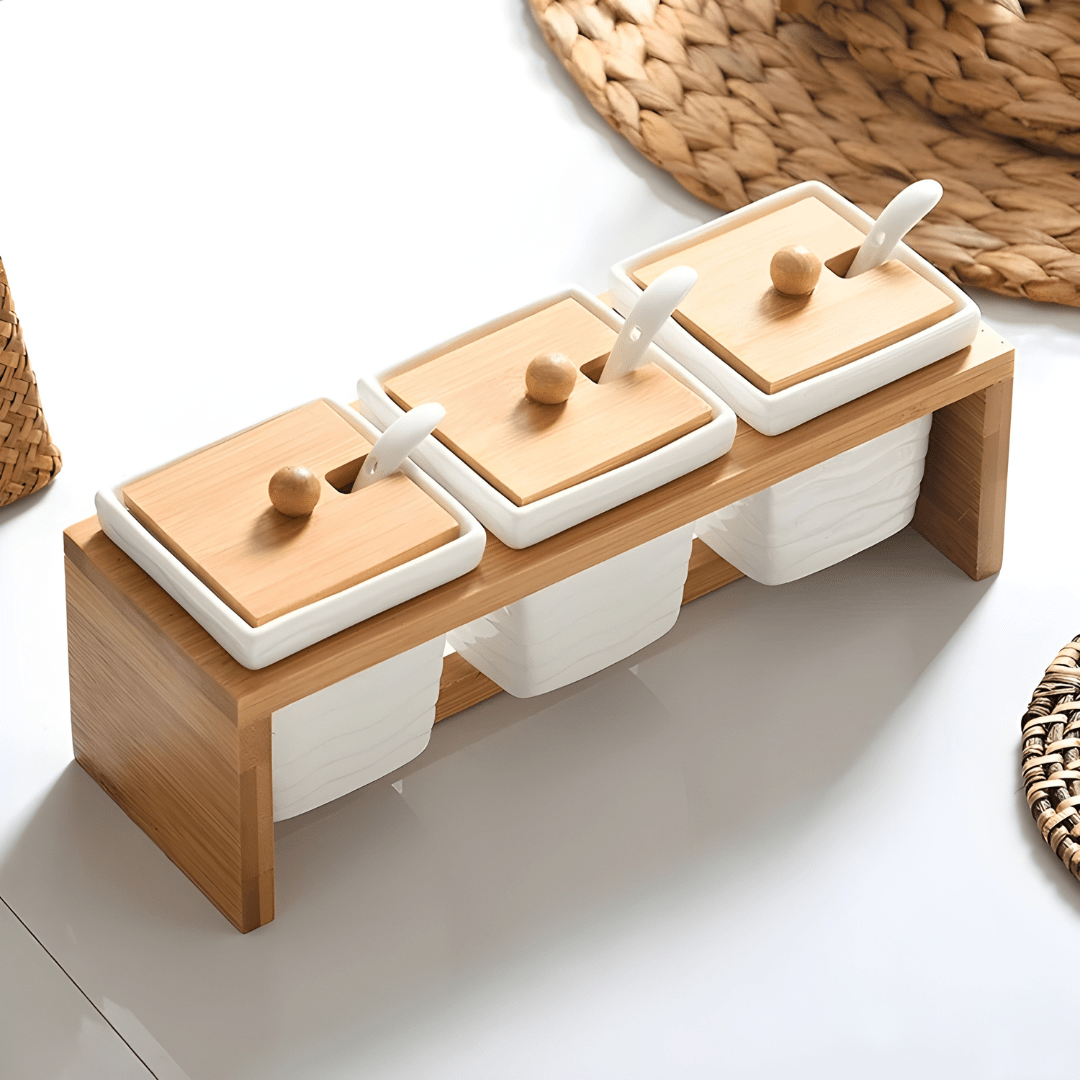 Ceramic Spice Box Set with Bamboo Stand and 3 Spoons