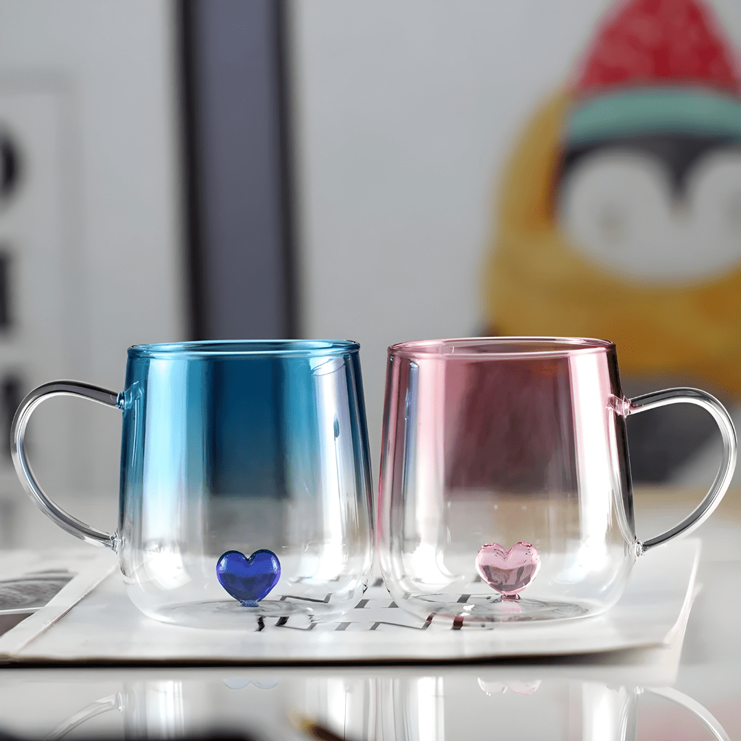 400ml 3d Borosilicate Glass Cup with Heart Detail – Pink or Blue Gradient