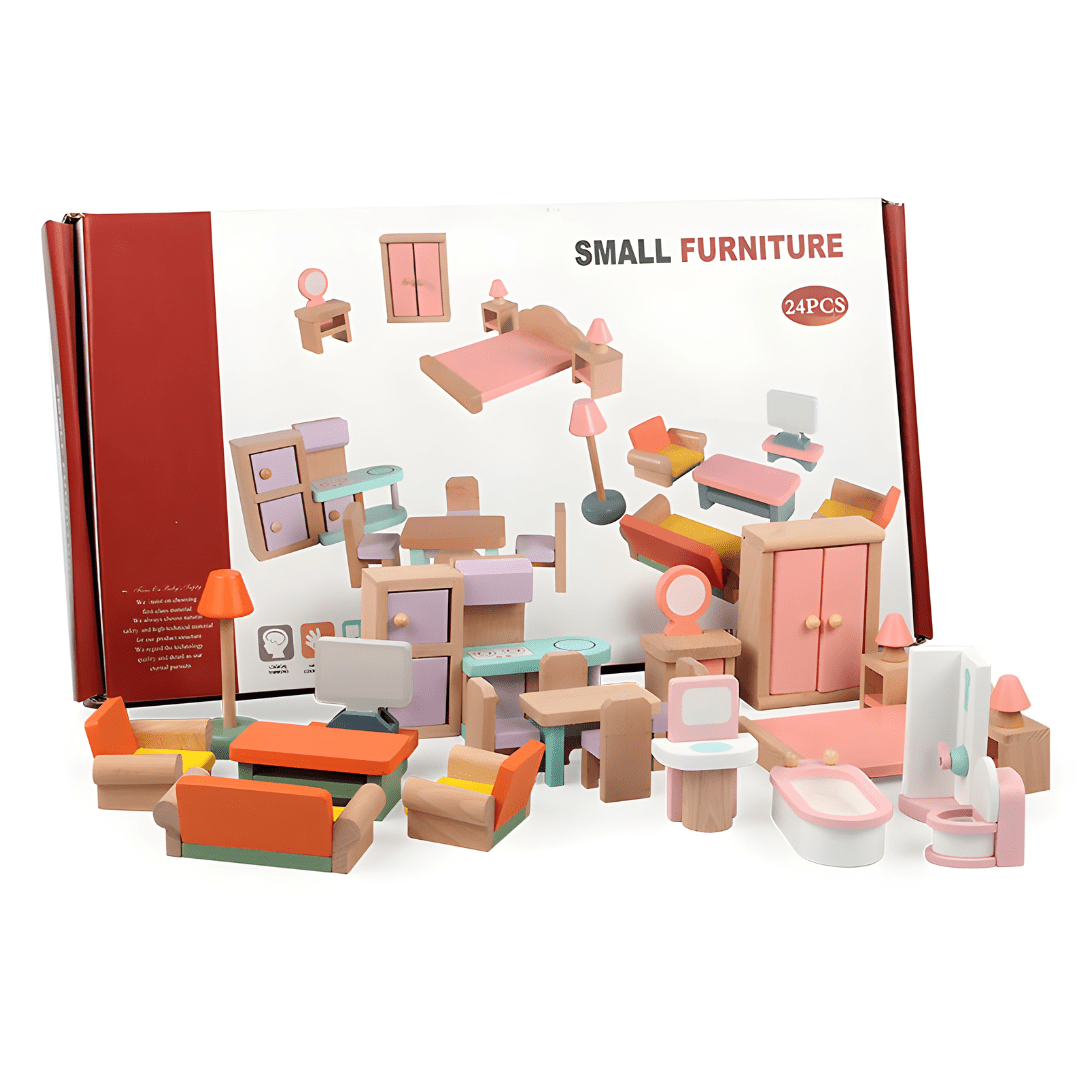 Premium Quality Wood Dollhouse Furniture Set 24pcs