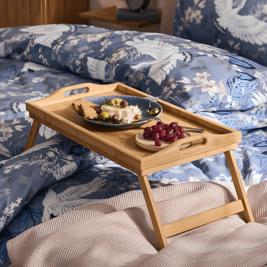 Premium Bamboo Bed & Serving Tray with Folding Legs & Handles