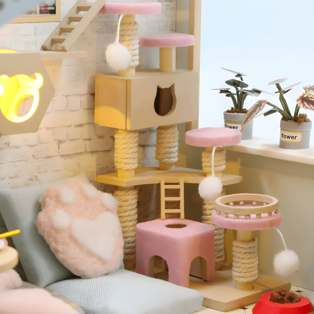 DIY Miniature Cat Café Garden – LED, Music & Dust Cover
