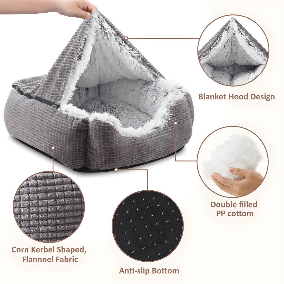 2-in-1 Cave Hooded Puppy Bed – For Small & Medium Dogs & All Cats