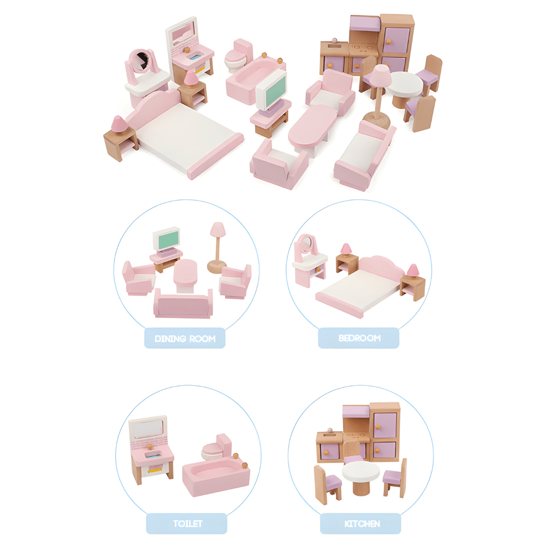 Children’s Pink Wooden Princess Dollhouse Villa with Full Furniture Set