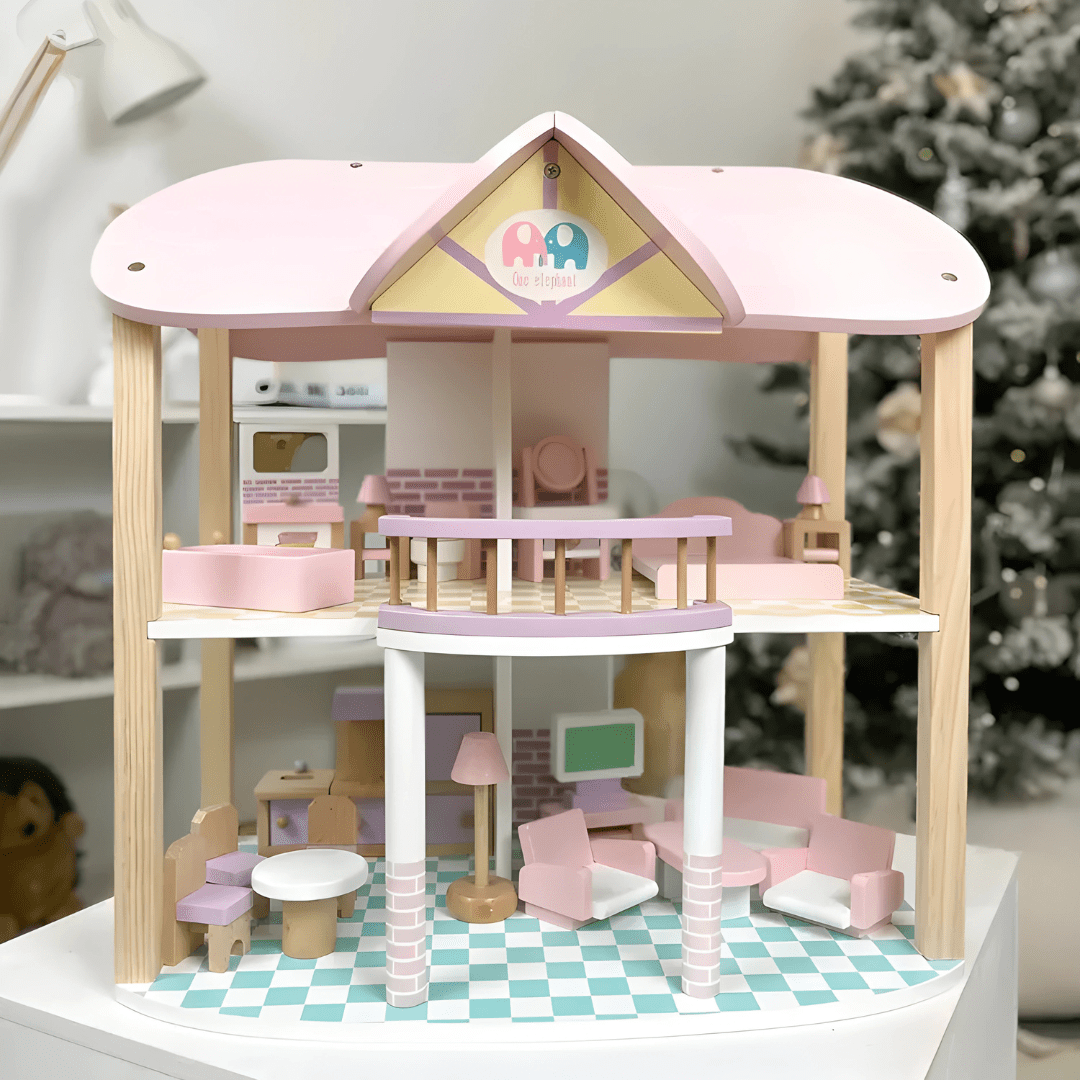 Children’s Pink Wooden Princess Dollhouse Villa with Full Furniture Set