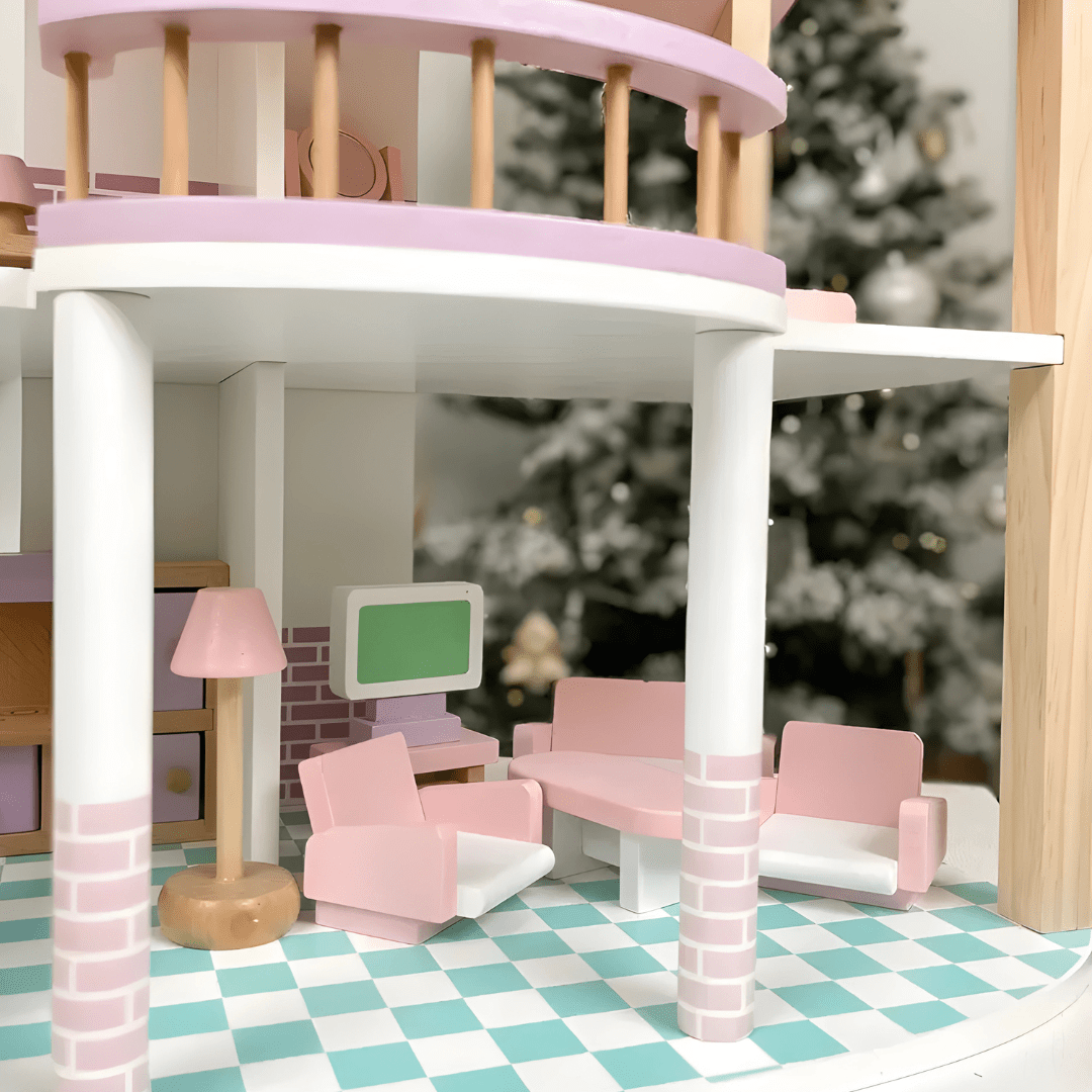 Children’s Pink Wooden Princess Dollhouse Villa with Full Furniture Set