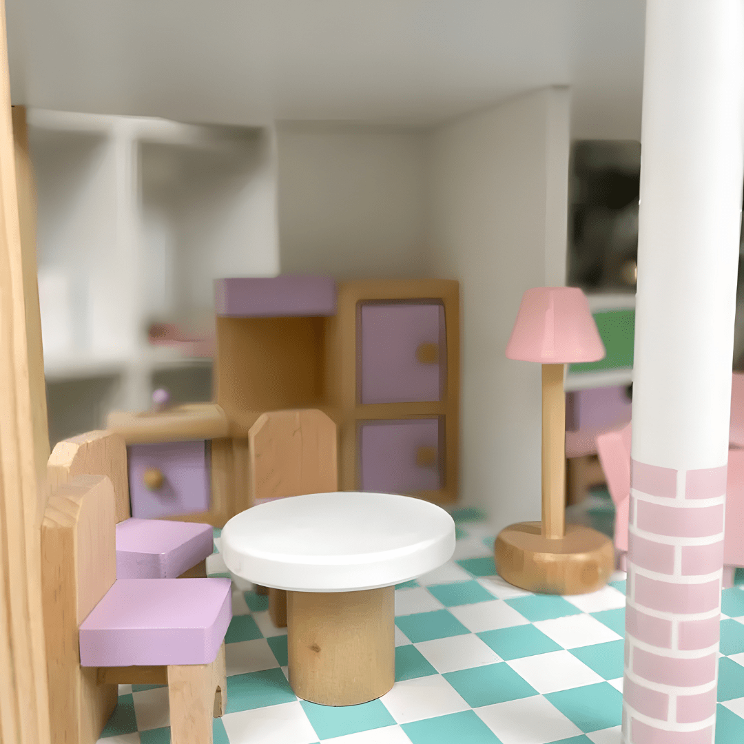 Children’s Pink Wooden Princess Dollhouse Villa with Full Furniture Set