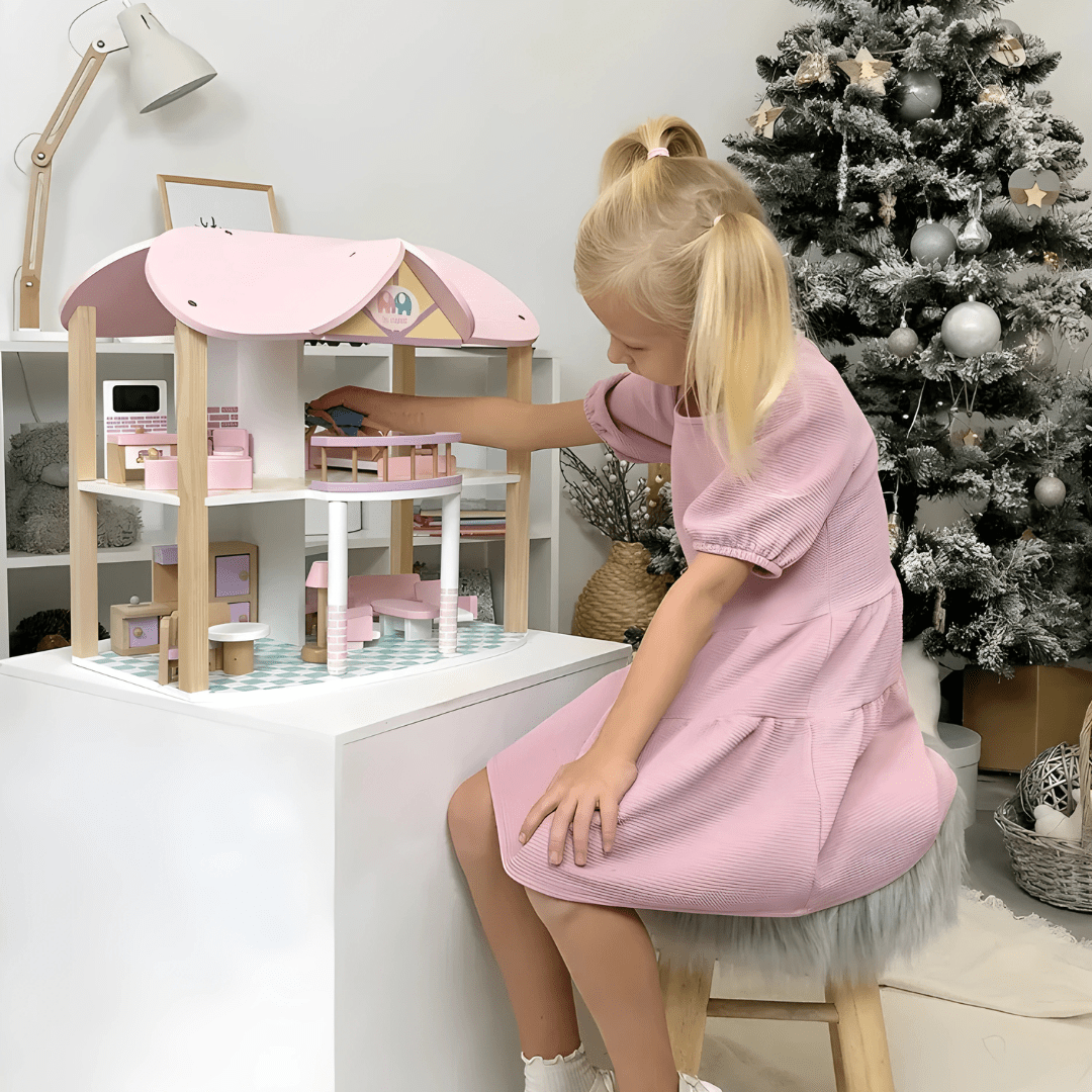 Children’s Pink Wooden Princess Dollhouse Villa with Full Furniture Set