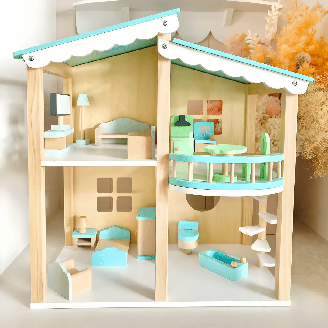 Wooden Villa Dollhouse with Furniture – 2-Story Playhouse for Kids (48×48×31cm)