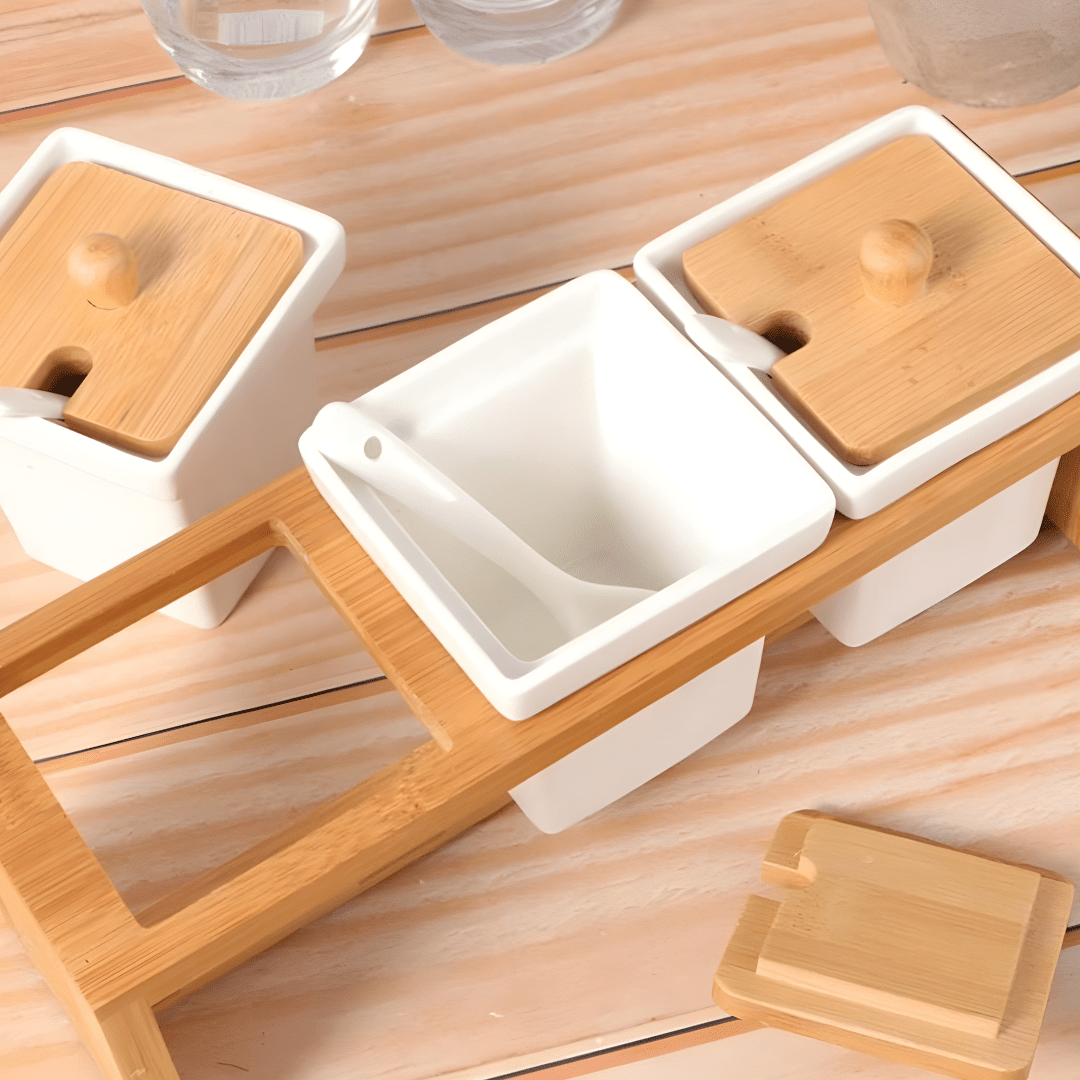 Ceramic Spice Box Set with Bamboo Stand and 3 Spoons