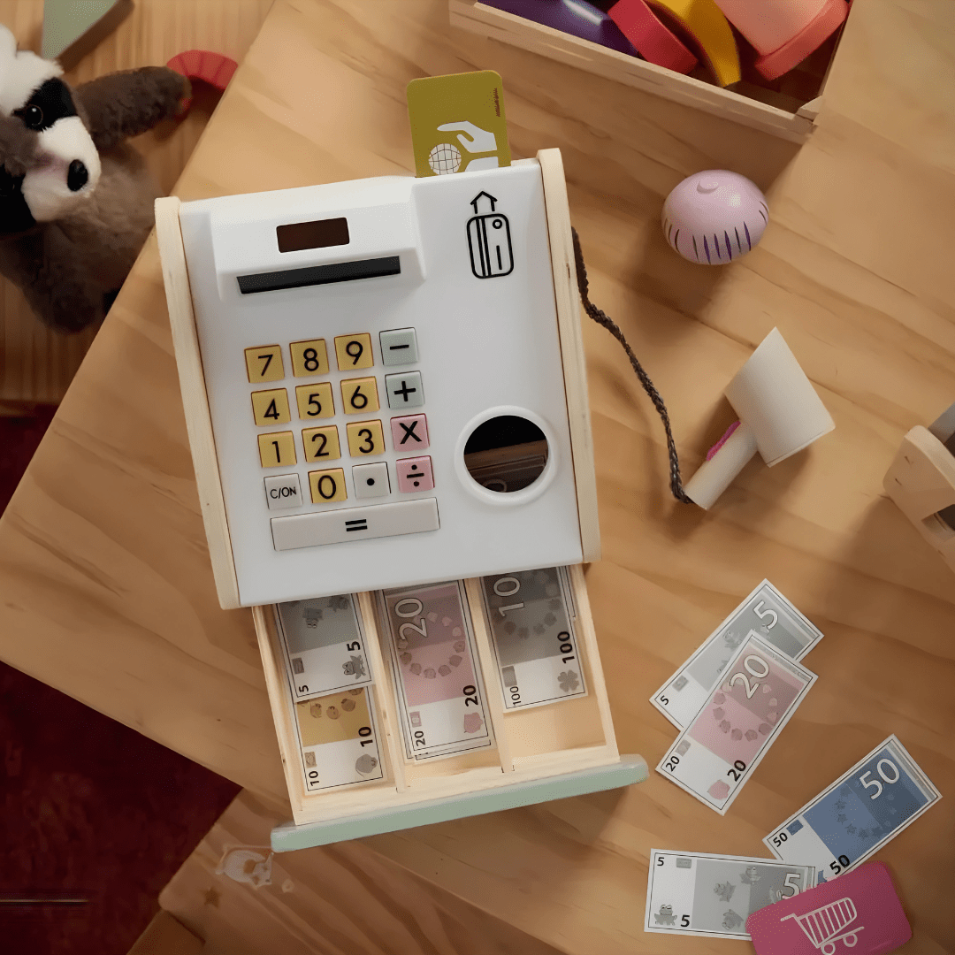 Playtive® Wooden Cash Register Set – 24 Pieces | Fiscal Toy Cash Register for Kids