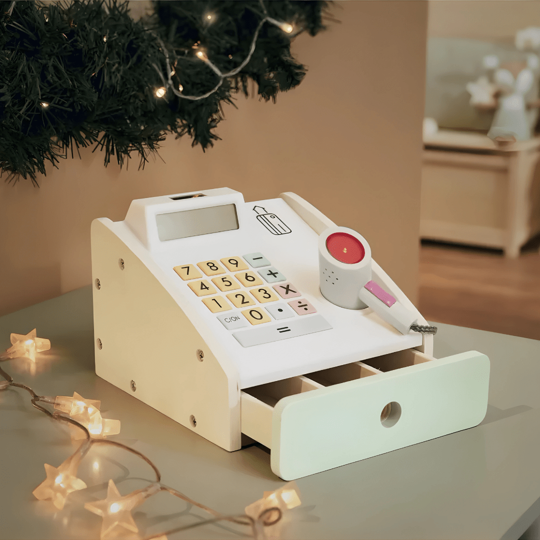 Playtive® Wooden Cash Register Set – 24 Pieces | Fiscal Toy Cash Register for Kids