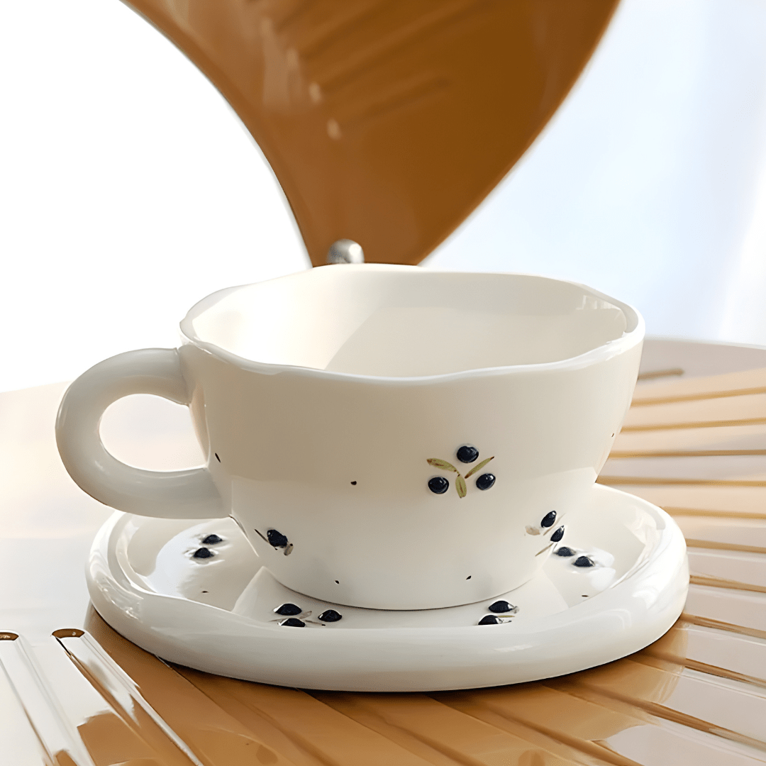 300 ml Hand-Pinched Ceramic Mug & Saucer – Vintage Cherry Design
