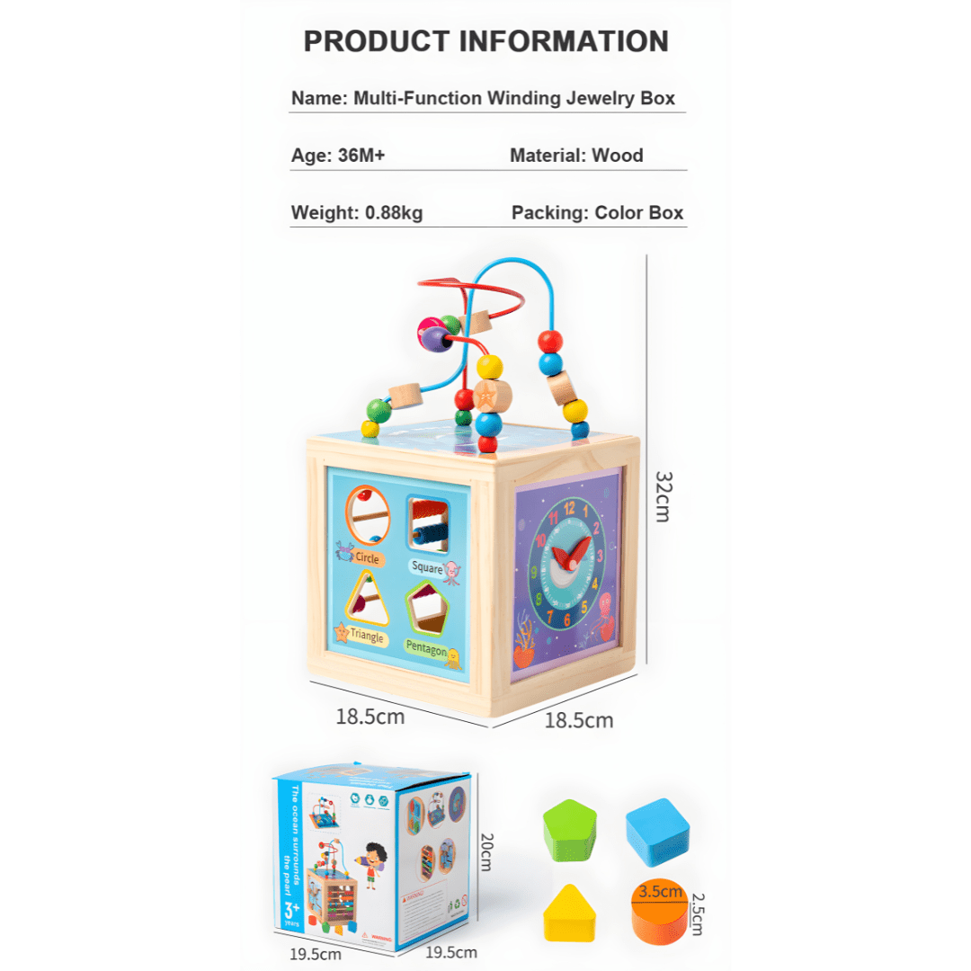 Wooden 5-in-1 Educational Activity Cube – Multi-Function Learning Toy (36+ Months)