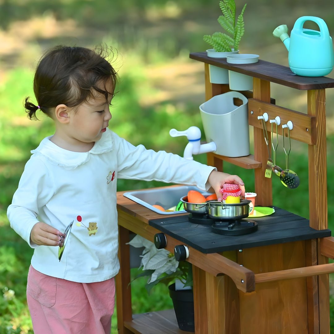 Wooden Backyard Kids Kitchen Set with Wheels & Accessories 3 Years +