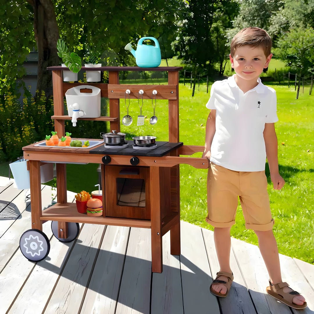 Wooden Backyard Kids Kitchen Set with Wheels & Accessories 3 Years +