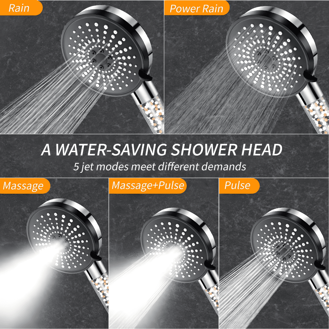 5-in-1 High-Pressure Filtered Shower Head with Hose & Mineral Beads