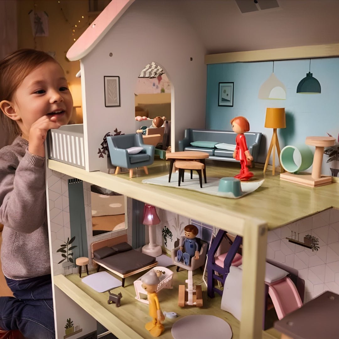 Playtive Wooden Dollhouse Furniture – 15 Pieces, Role-Play Set for Kids 3+
