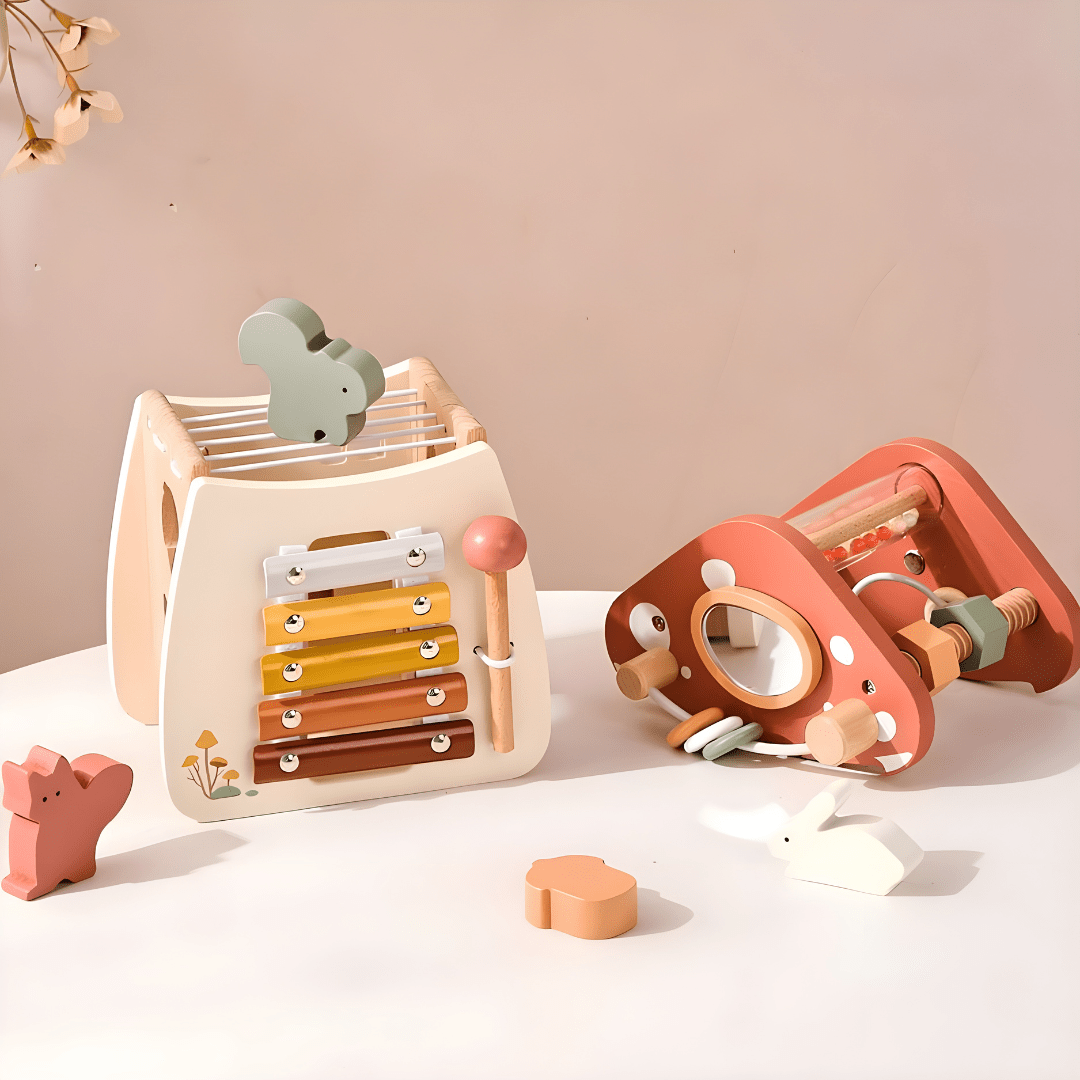 Wooden Mushroom House Activity Cube – 5-in-1 Montessori Busy Toy for Kids