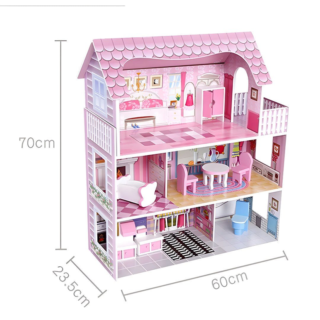 Dream Pink Wooden Dollhouse – 3-Level Playhouse with Furniture