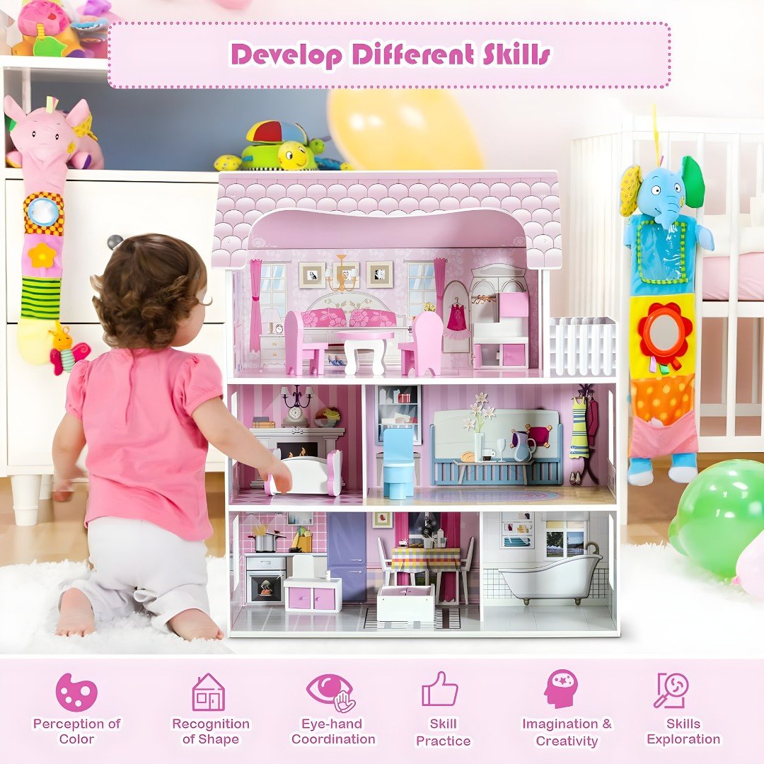 Dream Pink Wooden Dollhouse – 3-Level Playhouse with Furniture