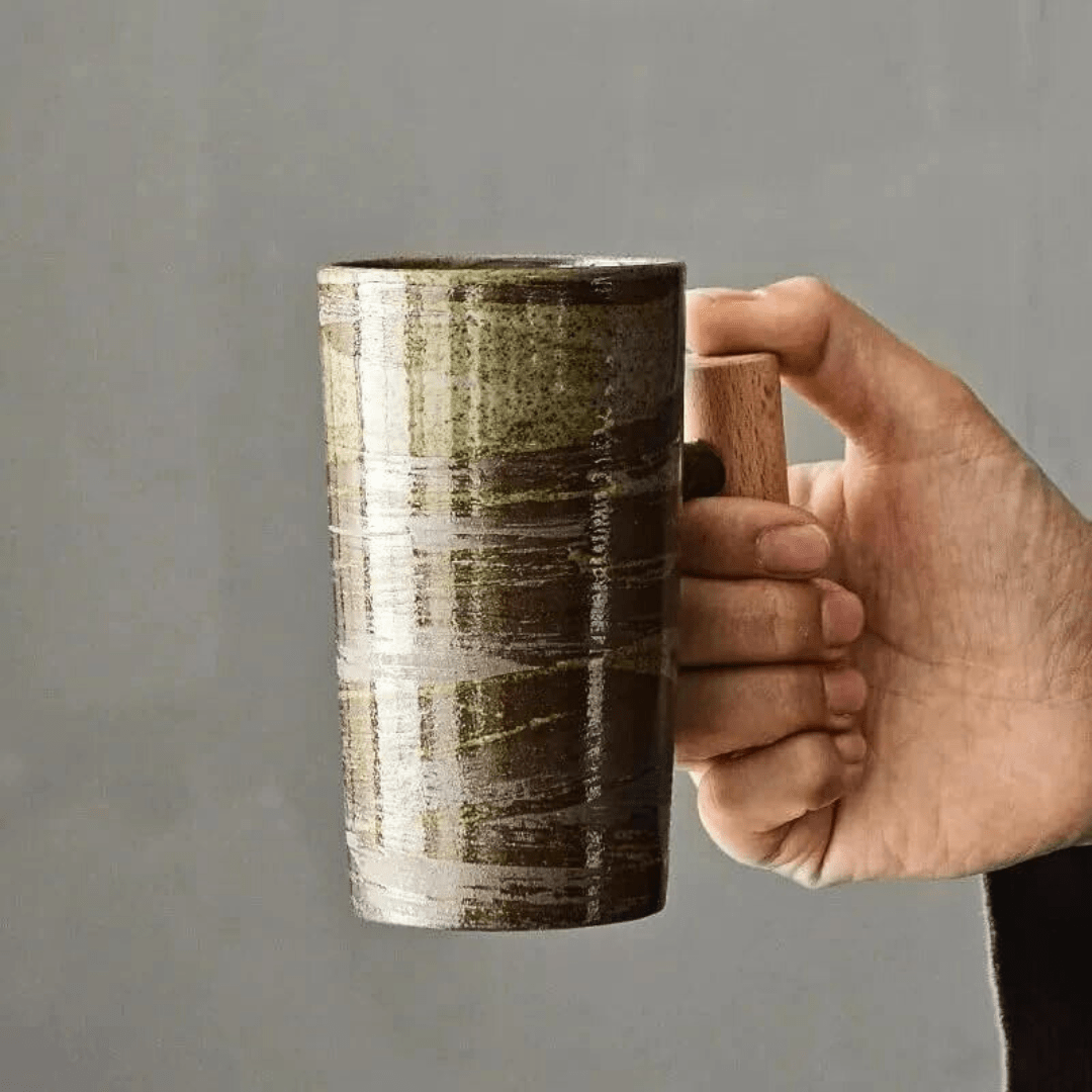 Nordic Earth Ceramic Mug with Wooden Handle – 180ml Japanese Style