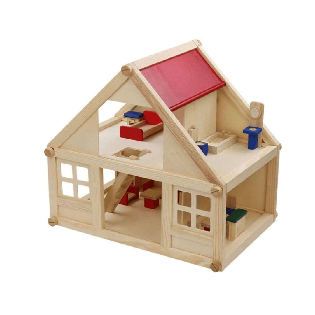 Portable Wooden Doll Mini House with Furniture – Educational Toy for Kids 3+