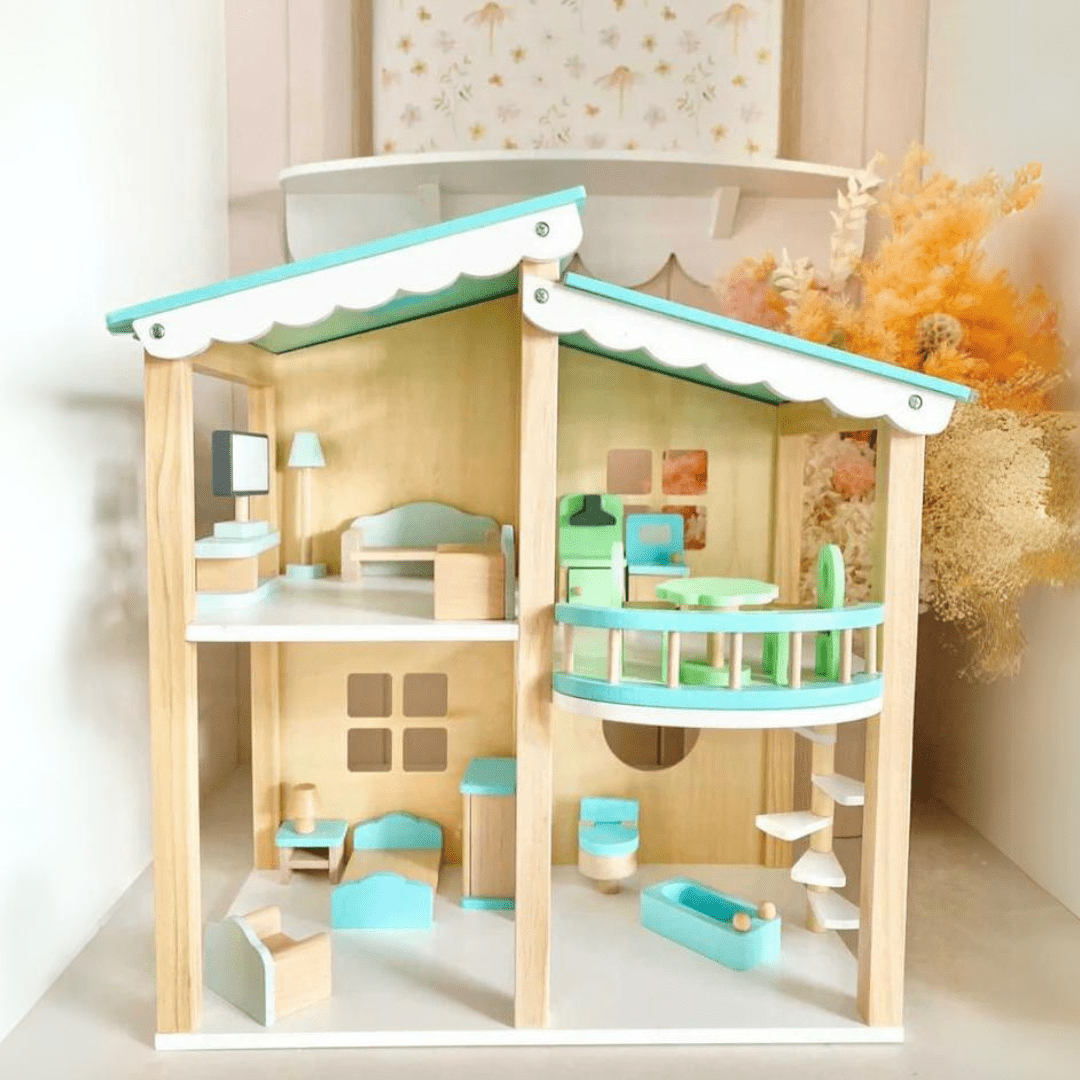 Wooden Villa Dollhouse with Furniture – 2-Story Playhouse for Kids (48×48×31cm)