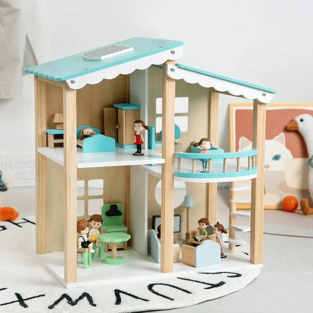 Wooden Villa Dollhouse with Furniture – 2-Story Playhouse for Kids (48×48×31cm)